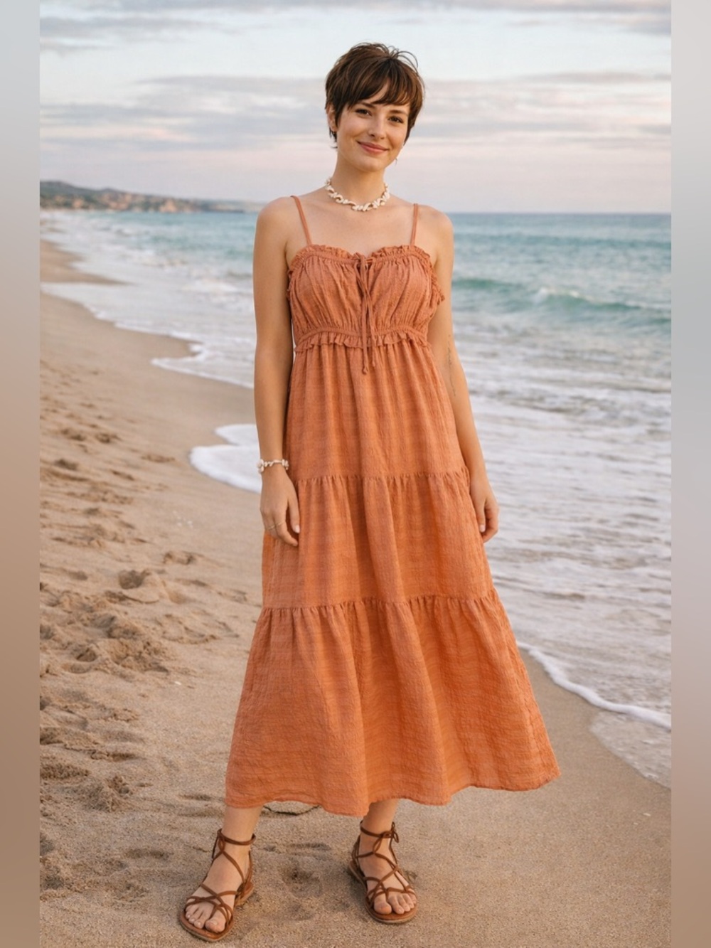 Thirty Thirty LA Boho Rust Tiered Spaghetti Strapped Smocked Maxi Dress Size S